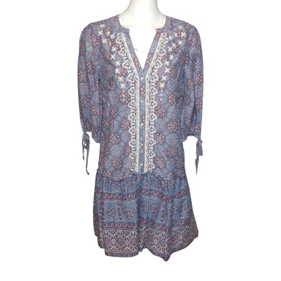 Sundance Zuri Discovery Embroidered Dress Size Small Blue Medallion Drop Waist - Picture 1 of 5